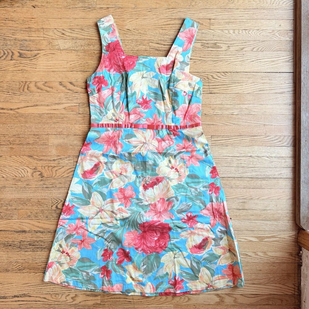 VTG Pin Up Tropical Floral Dress Womens 12 Blue Yellow Rockabilly A Line Summer